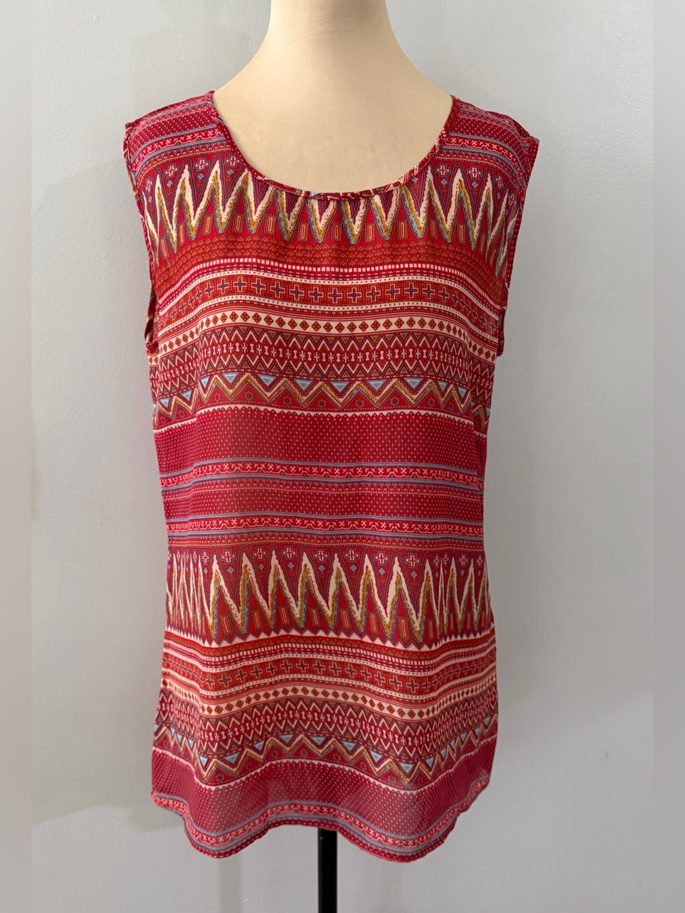EARTHBOUND Red Geometric Sheer Sleeveless Women's Tank Top Shirt Tunic Blouse